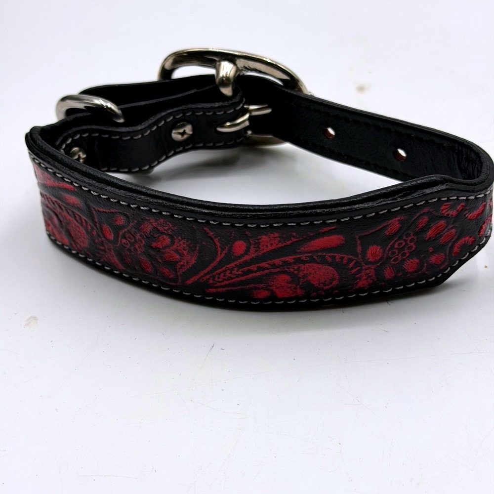 Myra Lucky Diego Tooled Leather Dog Collar Black Red Floral Western Size Small